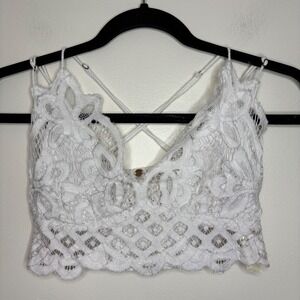 Free People One White Lace Crochet Bralette Crop‎ Top M/M Strappy Back